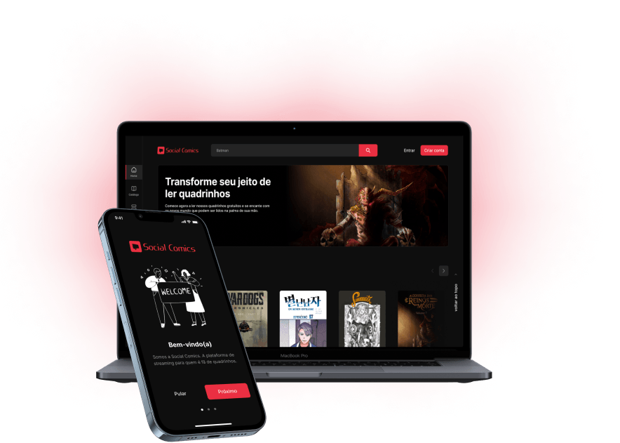 Imagem de um notebook e um celular abertos na página inicial da social comics.